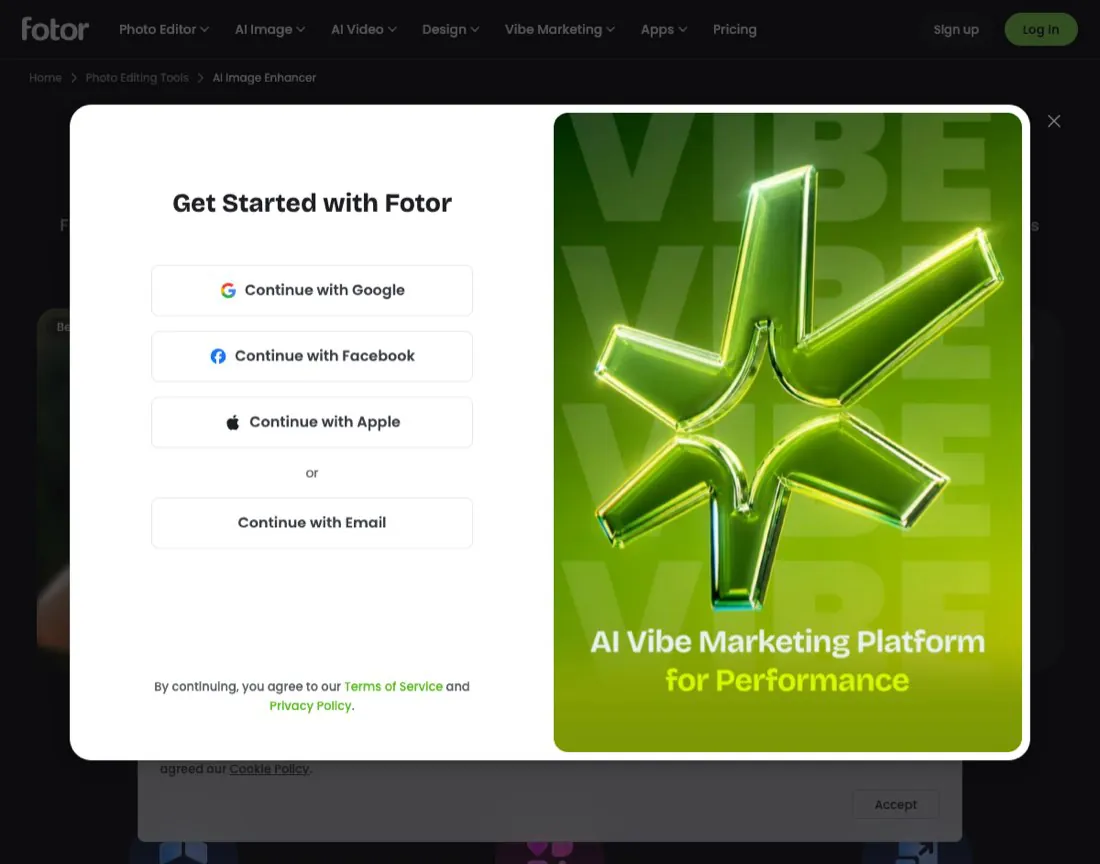 Fotor's download opening a "Get Started with Fotor" sign-up modal with Google, Facebook, Apple, and Email options