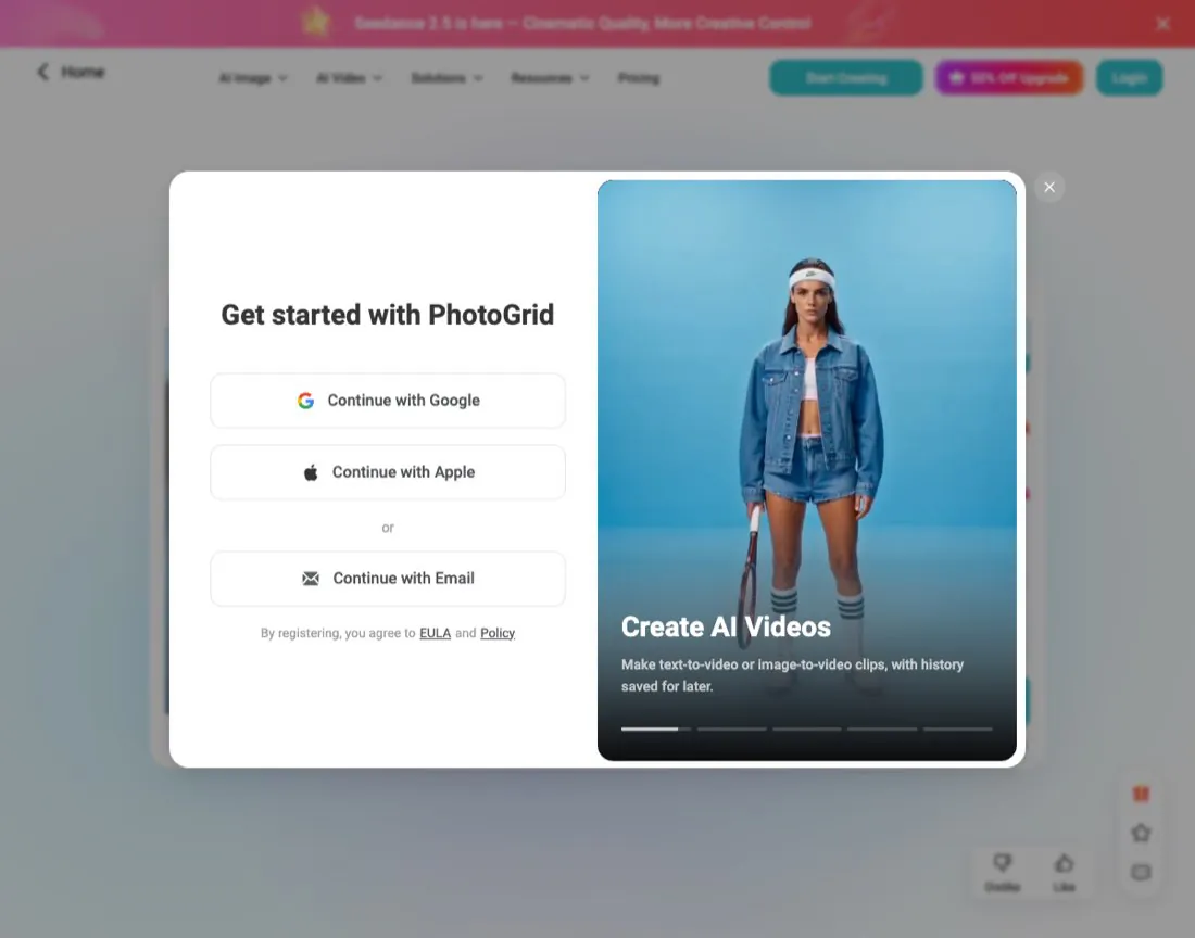 PhotoGrid's download button opening a "Get started with PhotoGrid" sign-up modal with Google, Apple, and Email options