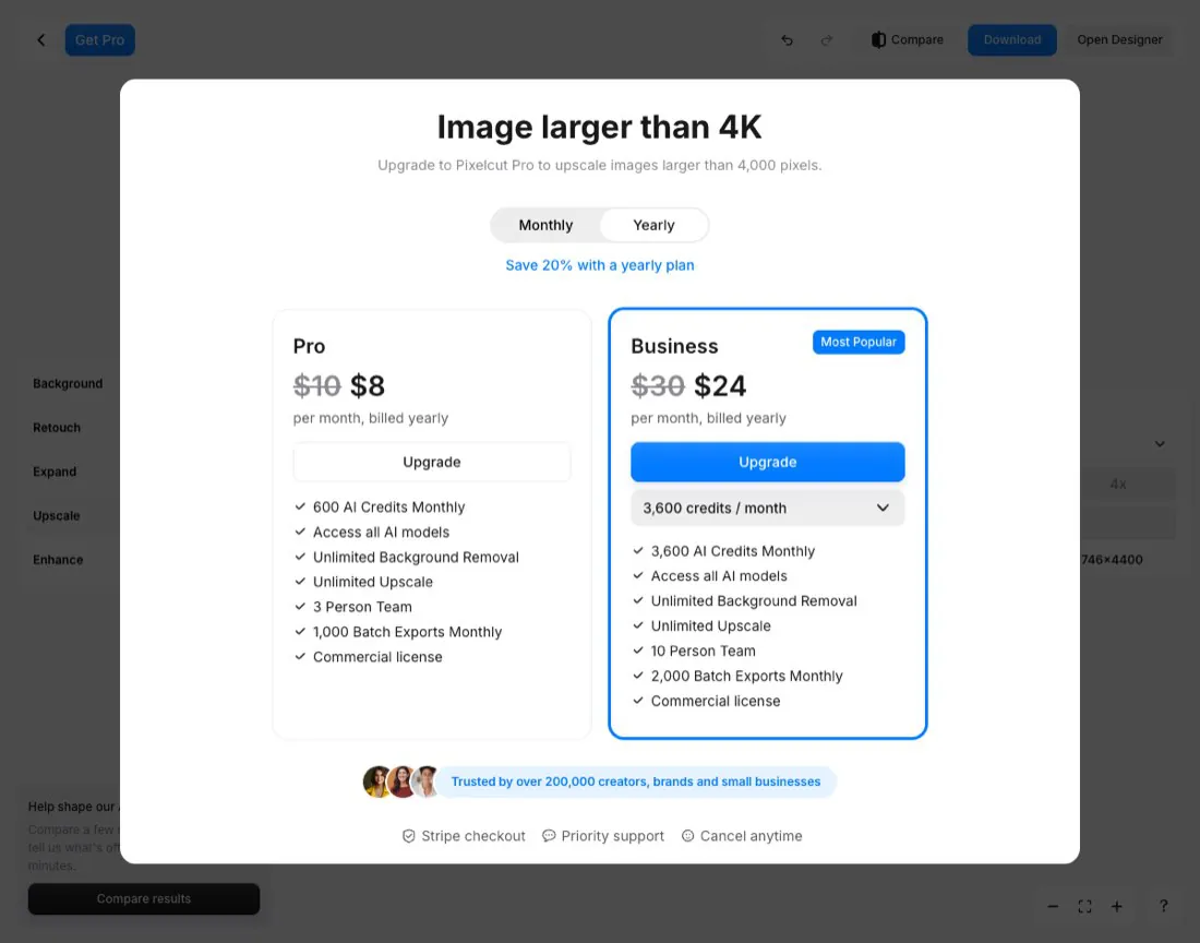 Pixelcut's editor showing an "Image larger than 4K" dialog that asks for Pro instead of delivering a preview download
