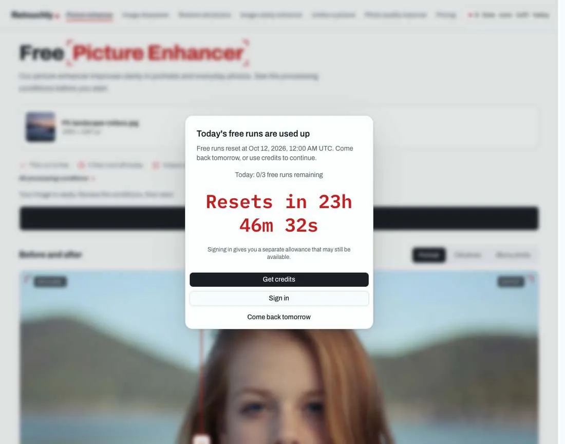 Retouchly's daily-limit dialog: "Today's free runs are used up", 0 of 3 free runs remaining, with Get credits, Sign in, and Come back tomorrow buttons